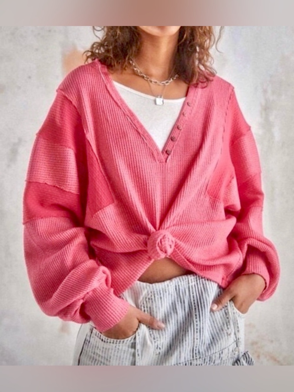 We The Free Callisto Pieced Henley V-Neck Hot Berry Oversized Slouchy Size M